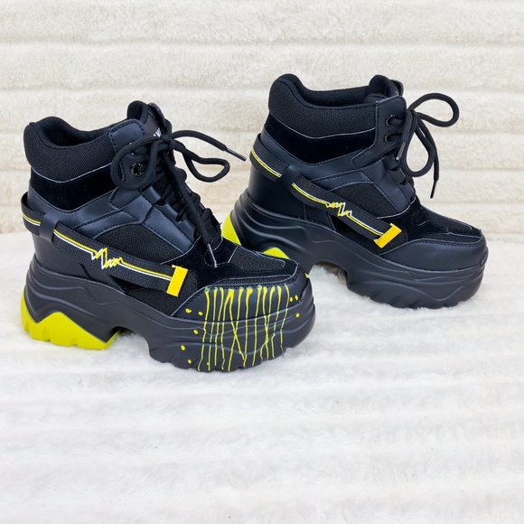 Anthony Wang Dated Black Yellow Hidden Wedge Platform Sneakers Rib Tread Design - Picture 8 of 11